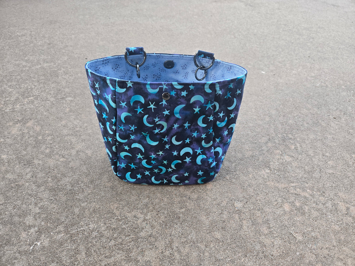 On the Go Bag - Purple Batik with Blue Moons and Sparkle Interior
